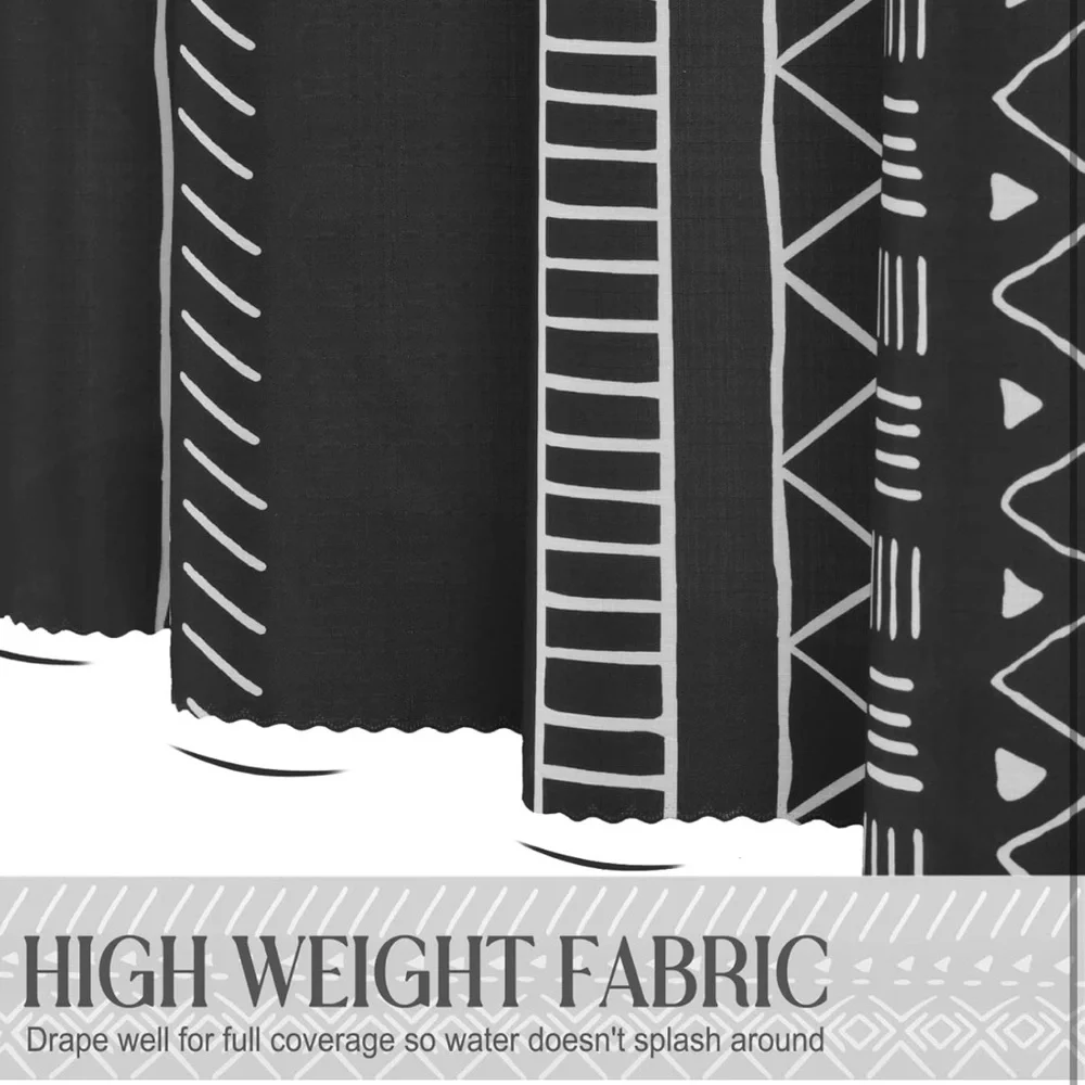 Bohemian Shower Curtain Black & White Boho Linen stripe Textured Fabric w/ Hooks